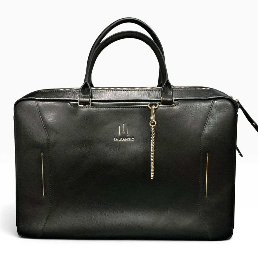 New La Mansio Grand Black Leather Travel Backpack / Briefcase + Laptop Case